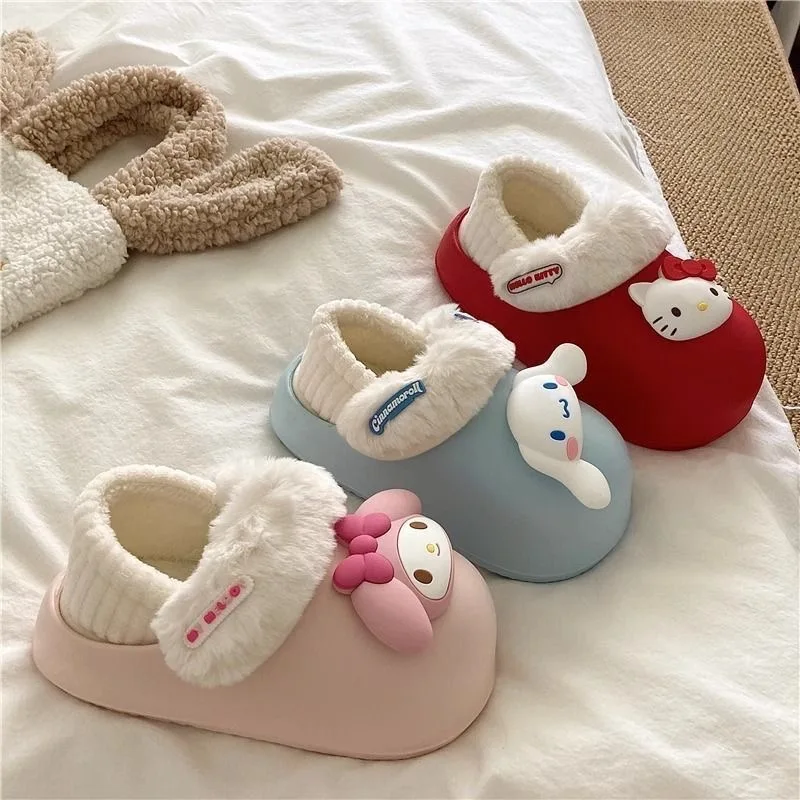 

Cinnamoroll thick soled cotton slippers for women winter with plush insulation detachable anti slip bag waterproof cotton shoes