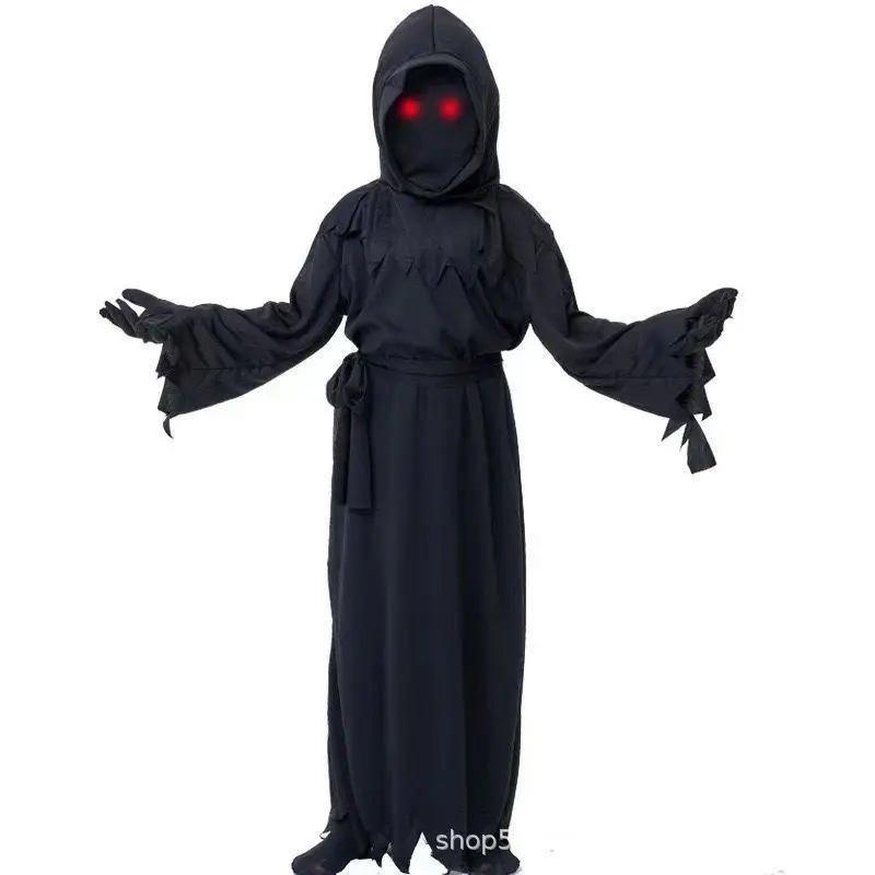 Halloween Kids Ghost Costume Glowing Red Eyes Black Hooded Robe Scythe Props Boys Scary Reaper Cosplay Party Fancy Dress Outfit