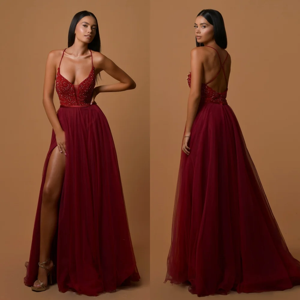 Customized Sequined Pleat Spaghetti Strap A-line Long Dresses Bespoke Occasion Women's Evening Elegant Party Wedding Sparkle