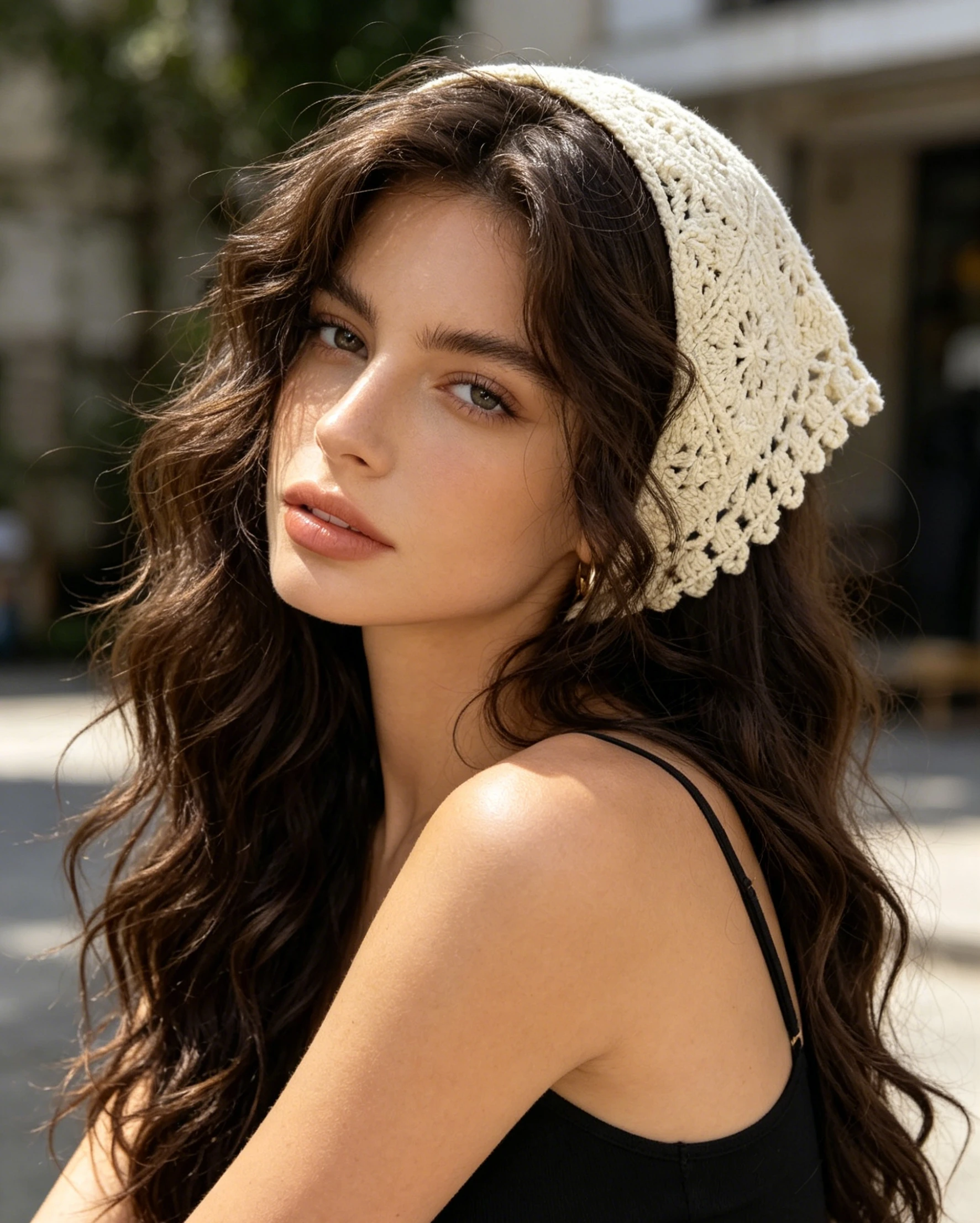 

1pc Female Beige Triangle Hair Scarf Bandana Retro Crochet Floral Knitted Headscarf French Sweet Headband Girls Hair Accessories