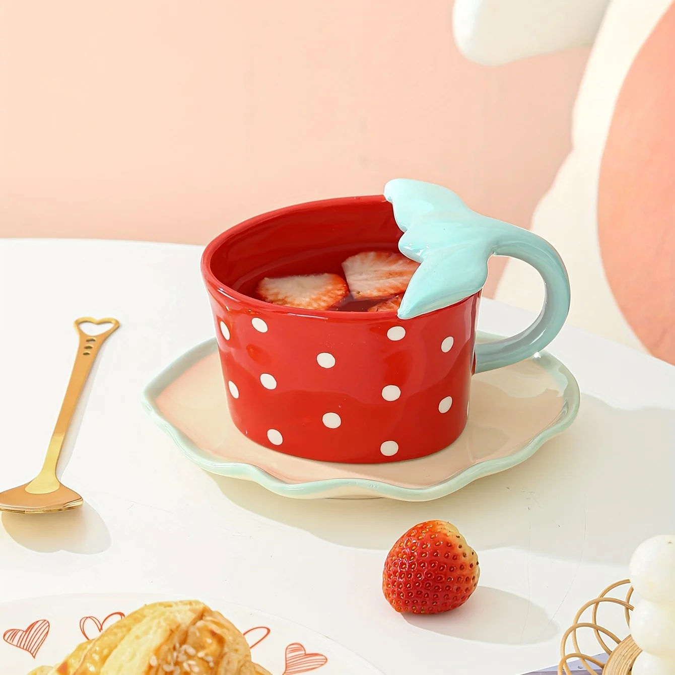 

Strawberry Underglaze Colored Ceramic Mug with Dish Set, Breakfast Milk Coffee Mugs, Exquisite Afternoon Tea Cup, Holiday Gift
