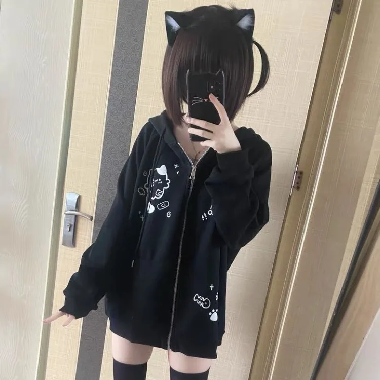 Harajuku Gray Cat Ears Hoodie Coat Women Autumn Winter New Mid-length Loose Sweatshirts Y2k Long Sleeve Zipper Tops Mujer