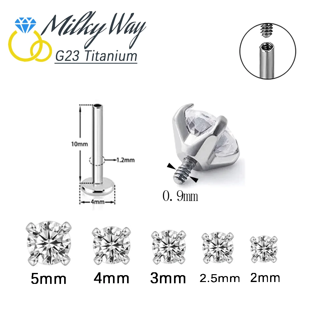 G23 Titanium Earrings with CZ Stone Lip Stud Labre Internally Thread Nose Rings Ear Cartilage Piercing Ornaments Jewelry