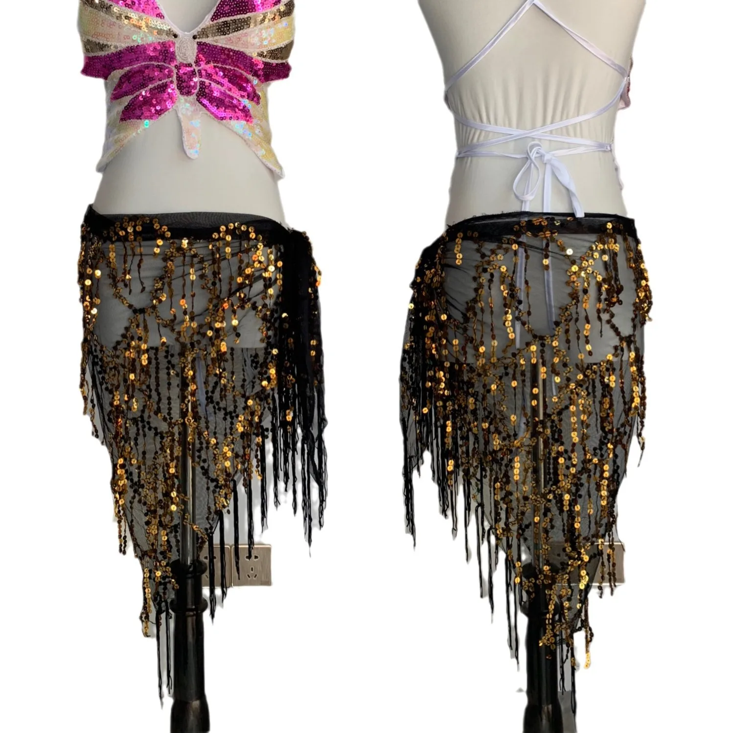 Belly Dance Sequined Fringed Triangle Scarf Waist Chain Belly Dance Hip Scarf Waist Scarf