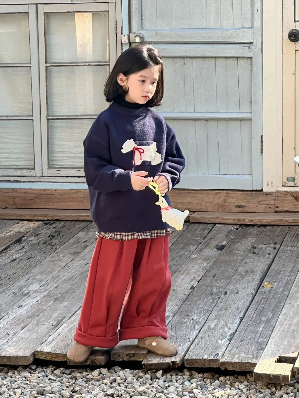 

2025 Winter Girl Korean Puppy Knitted Top Children Thick Warm Crewneck Loose Sweater Fashion Clothes Children Sweater Top