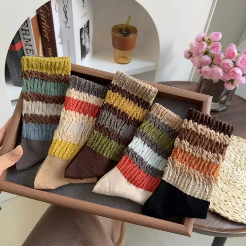 

5/10 Pair Women's Autumn Winter Loose Small Leg Sock Fashionable Korean Striped Rainbow Retro Style Warm Comfortable Casual Sock