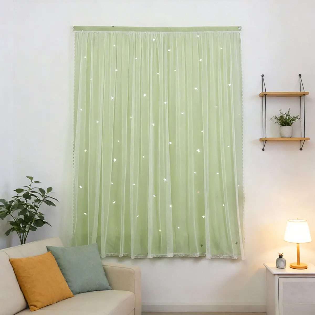 Light Green Double Layer Magic Tape Curtain 1 Panel Hollow Star Cutout Tulle Sheer Curtain Princess Curtain For Girls Bedroom