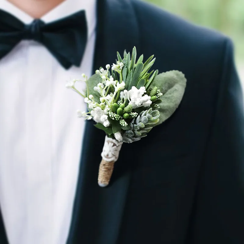 Groene Kunstmatige Mannen Bloemen Boutonniere Europese Bos Stijl Corsage Bruiloft Accessoires Witte Bruids Bruidsmeisje