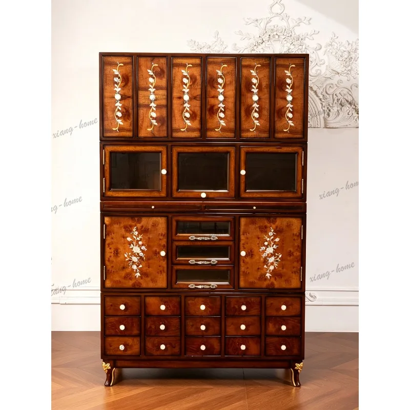YJ French retro solid wood multi-bucket catalog cabinet European court grid traditional Chinese medicine cabinet