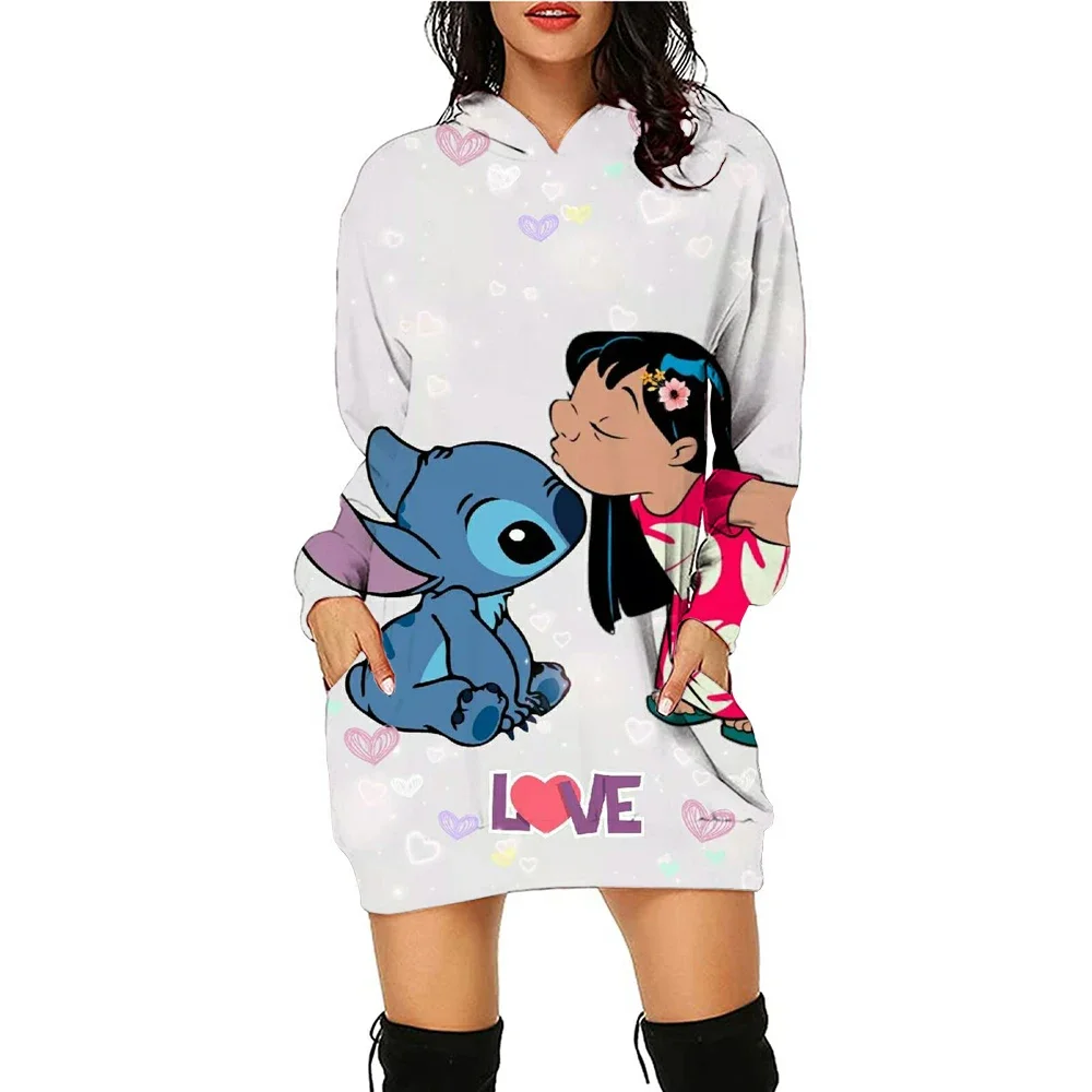 Robe à capuche à manches longues pour femmes, pull de sport, mode imprimée, Disney Stitch, coupe couvertes, robe à capuche de poche, S-3XL