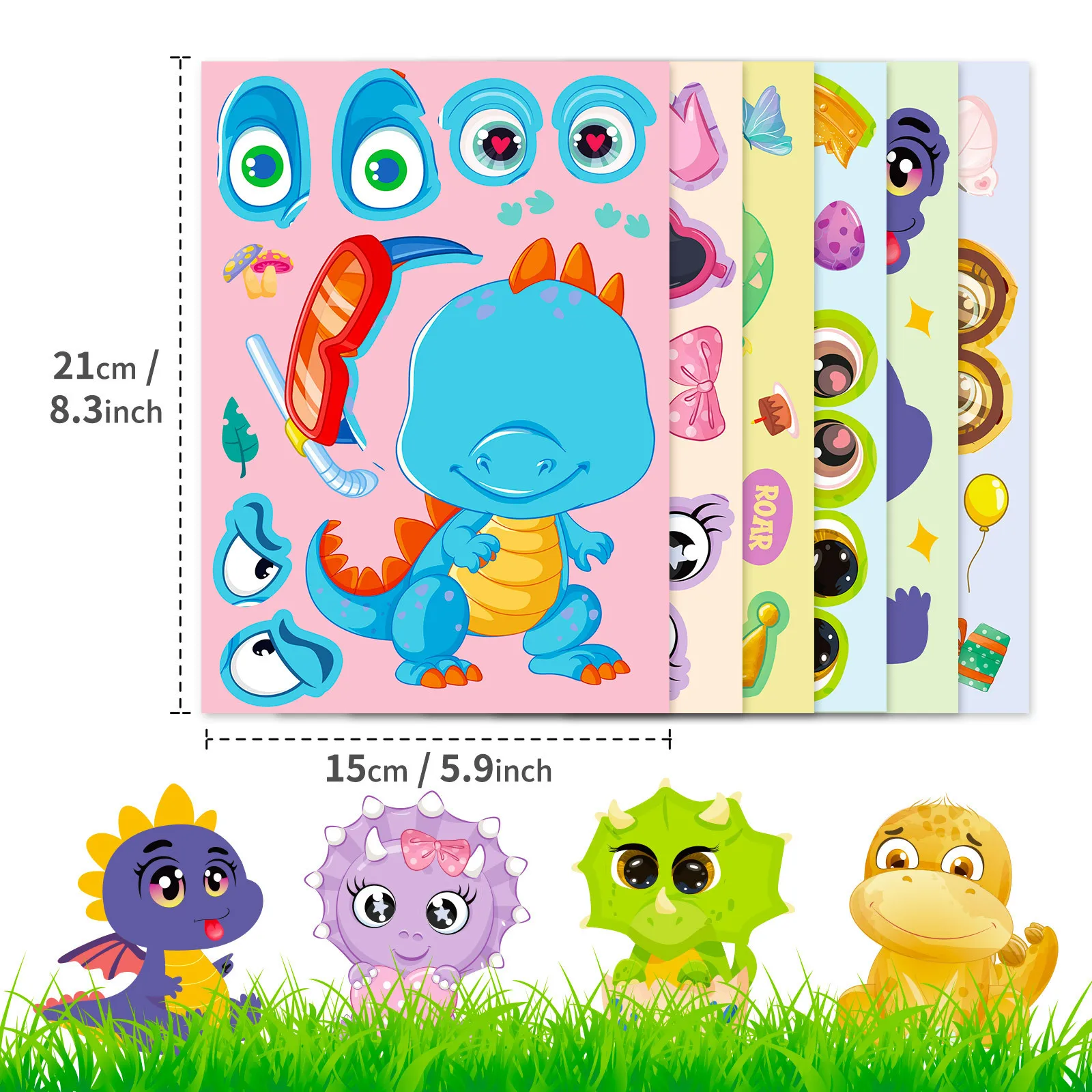 6Pcs Dinosaur Cartoon Collage Stickers Set DIY Game Animal Craft Decals for Laptop Skateboard