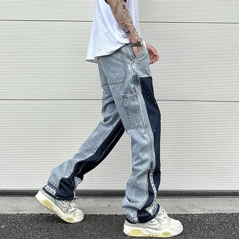 European Ink Sprayed Flared Jeans For Men Contrast Color Looen Fit Streetwear Denim Clothes Open Hem Male's Baggy Pants