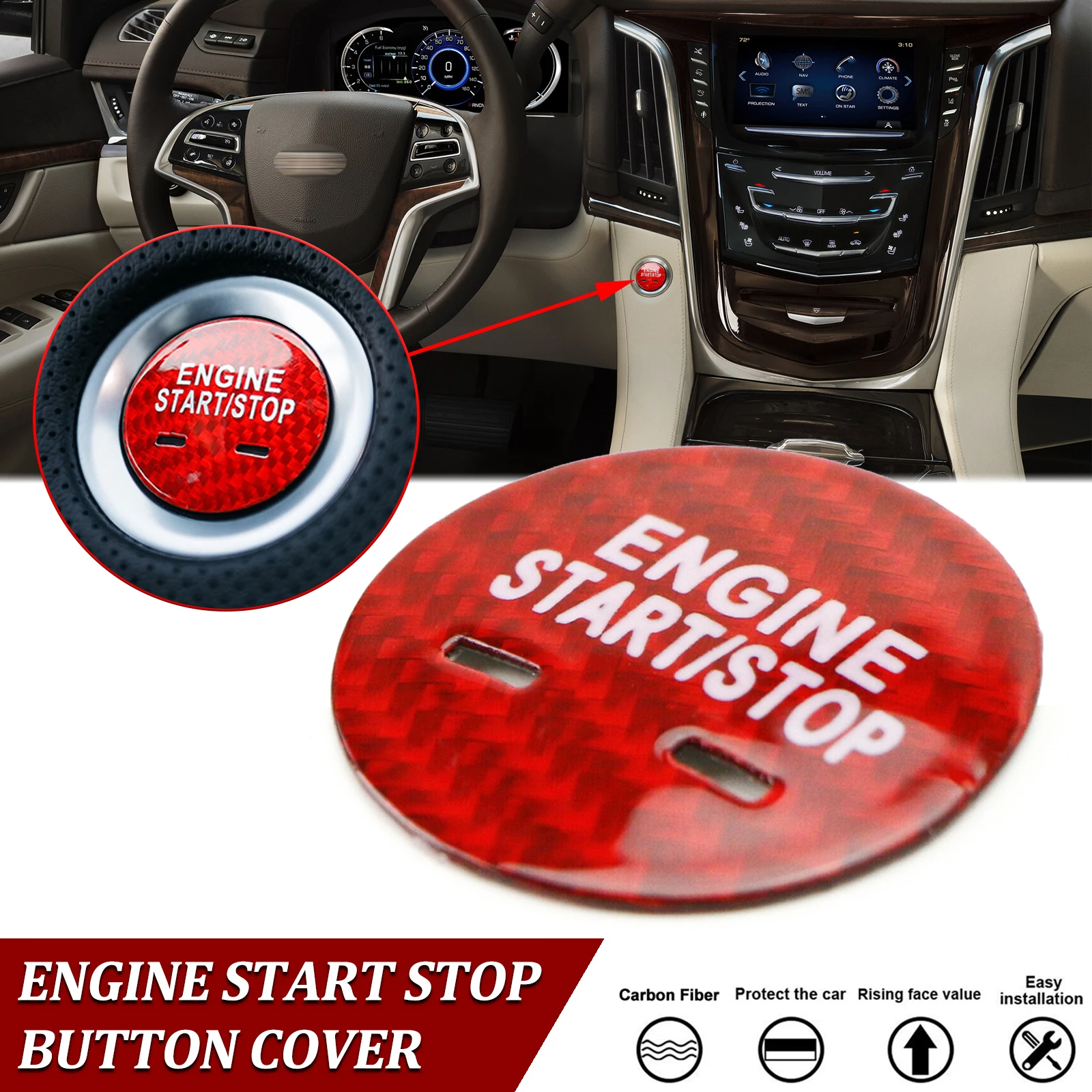 RED Genuine Carbon Fiber Ignition Engine Start/Stop Push Button Cover Sticker For Chevrolet Equinox Impala Tahoe Yukon Escalade