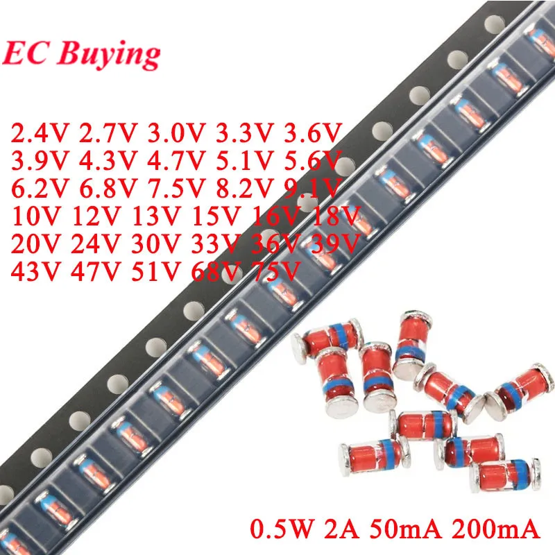 100Pcs 0.5W 1206 LL34 SMD Zener Diode 2V 2.7V 3V 3.3V 3.6V 3.9V 4.7V 5.V 5.1V 5.6V 6.2V.5V 8.2V 10V 12V 13V 15V 18V 20V 24V 39V5