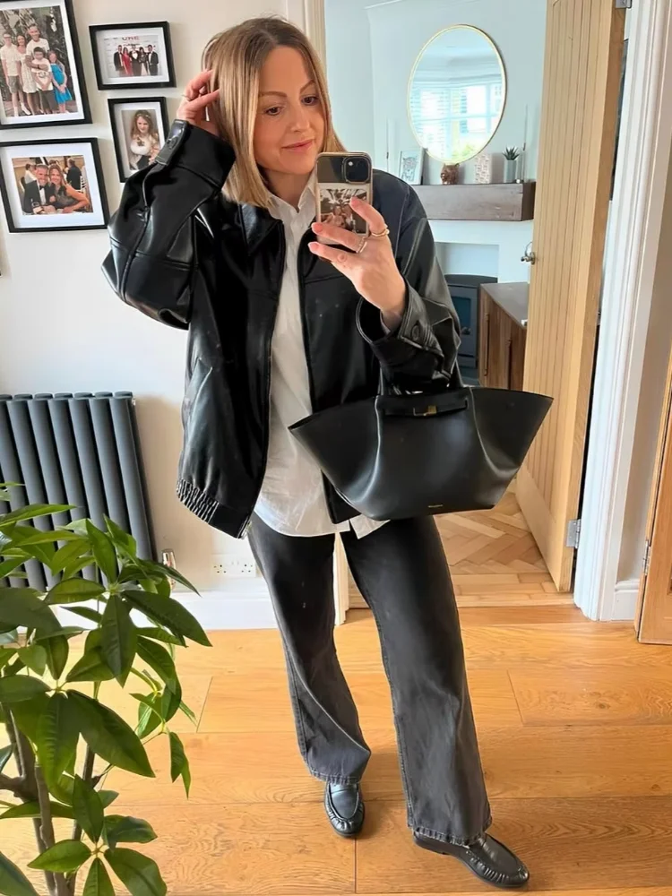 

Fashion Lapel Short Leather Jacket Women Chic Full Sleeve Zipper Pocket Loose Jackets 2026 New Spring Daily Street Outerwears