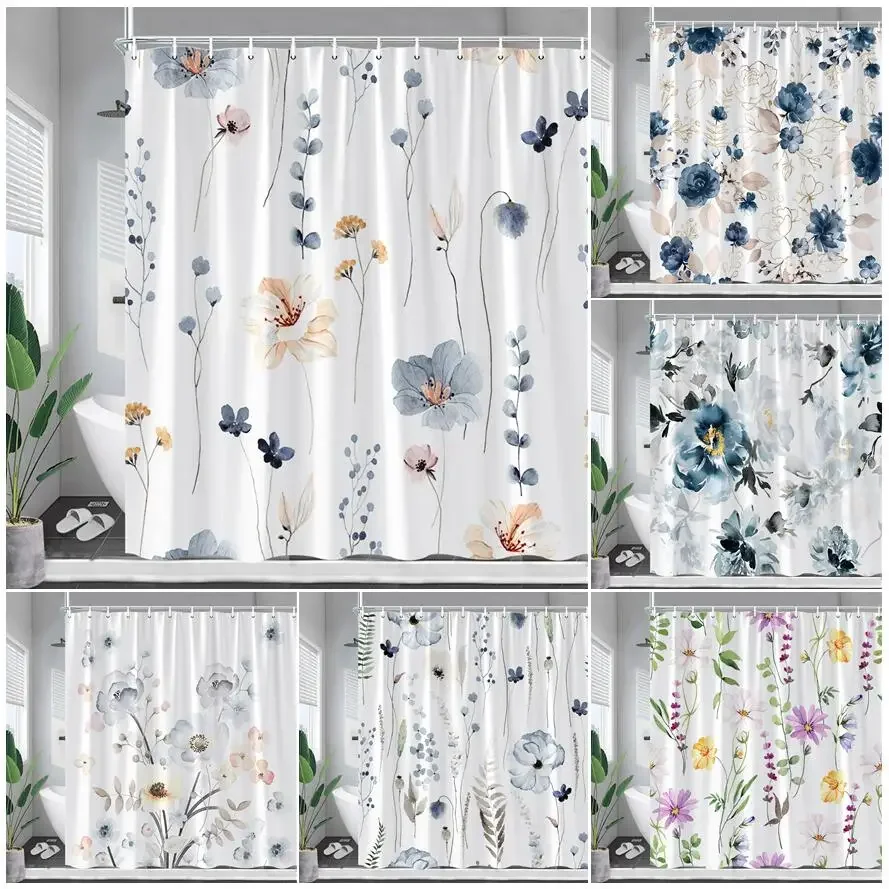 Rustic Floral Shower Curtains Watercolour Flowers Plants Leaves Modern Minimalist Spring Bathroom Decor Fabric Bath Curtain Sets