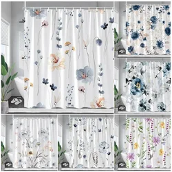 Rustic Floral Shower Curtains Watercolour Flowers Plants Leaves Modern Minimalist Spring Bathroom Decor Fabric Bath Curtain Sets