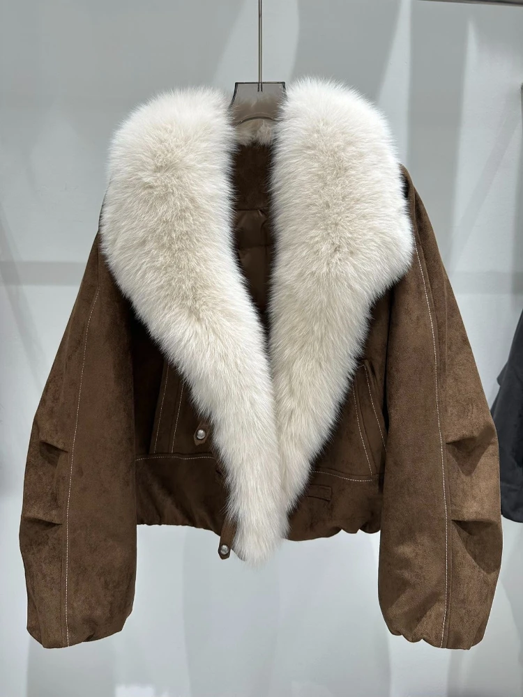 Down Jacket Women Cropped Winter with Large Fur Collar Suede Feel Short Oversized Puffer Coat Outerwear Windproof Warm Insulated