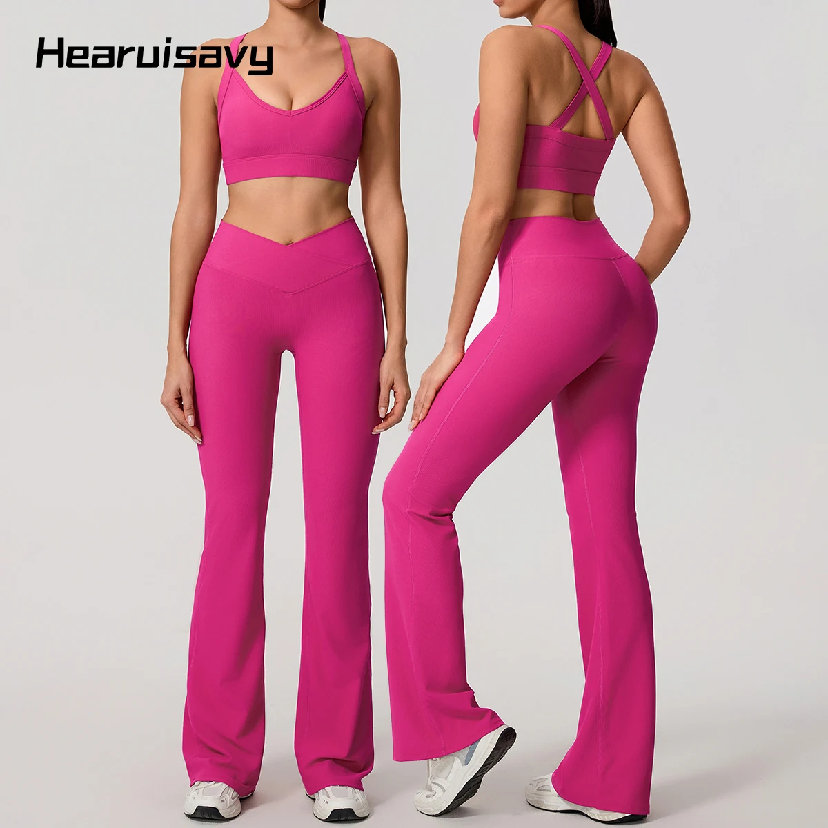 Hearuisavy Fitness Set 2Pcs High Intensity Back-Cross Anti-Shock Sports Bra Gym Women High Waist Butt Lift Wide Leg Flared Pants