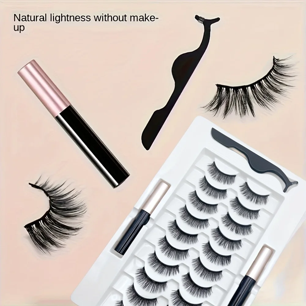 10Pairs Magnetic Lashes And Eyeliner Set Party Makeup Extension No Glue Required with Two Liquid Magnetic Eyeliners And Tweezers
