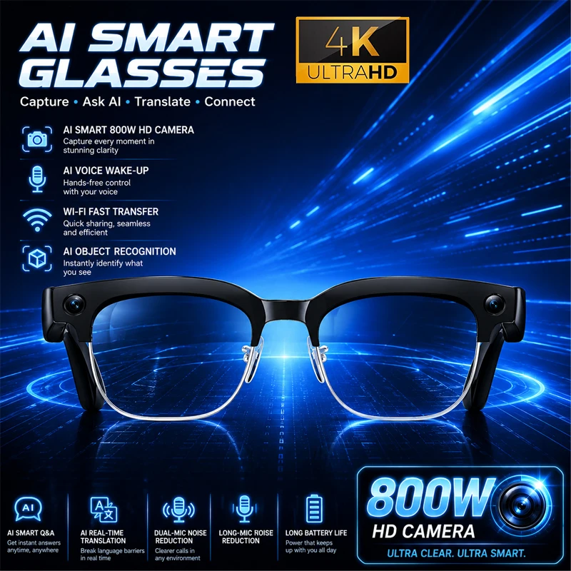 New Upgrade 800W Pixel Smart Glasses with Camera Video Recording AI Photo Recognition Call Language Translation Voice Sunglasses