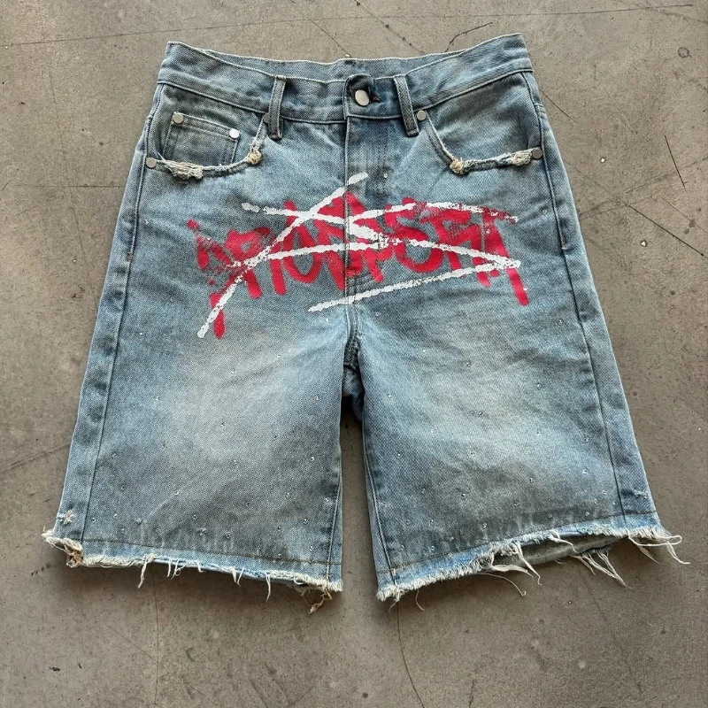 Y2k harajuku verão denim shorts impresso graffiti jorts estilo de rua gótico hip hop retro tendência streetwear das mulheres dos homens calças largas