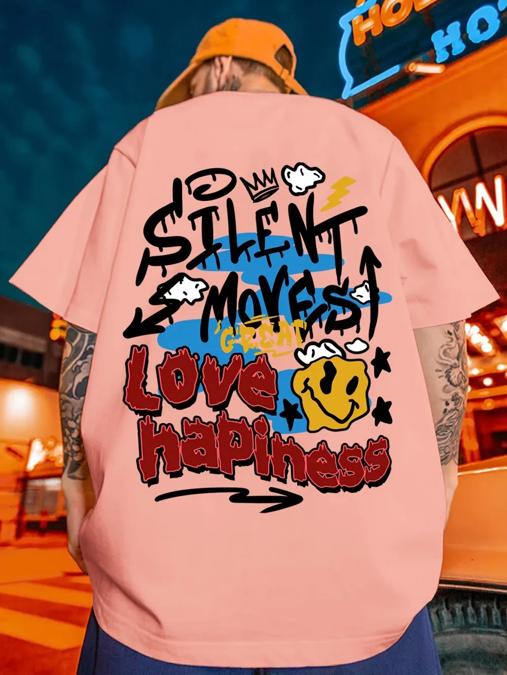 American men's summer letter smiley face graffiti print, comfortable and breathable round neck T-shirt outdoor street top
