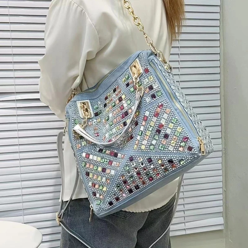 Denim Cloth Bags For Women Luxury Designer Handbags Purses 2024 New In Mosaic Shiny Colorful Imitation Diamond Underarm Shoulder