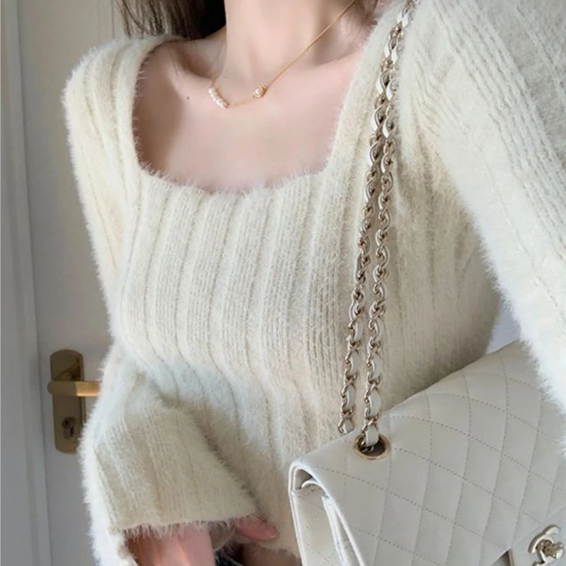 Cropped Pullovers Women Slim Knitted Sexy Gentle Inner Autumn Winter Sweater Chic Square Collar Females Soft All-match Ulzzang