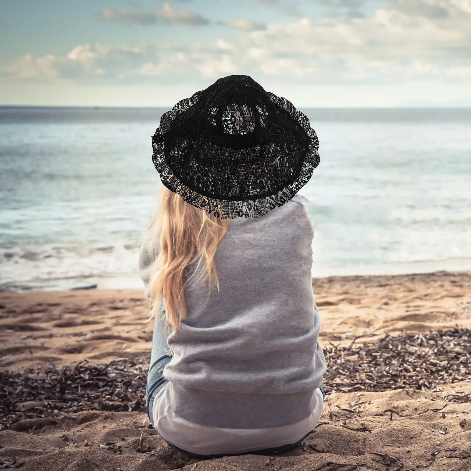 

Wide Brim Lace Sun Hat Black Fisherman Bucket Hat for Women Summer Foldable Beach Cap Tie Outdoor Travel Tea Party Wedding