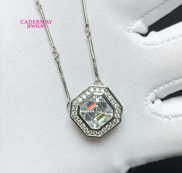 Cadermay 8mm Asscher Cut VVS Moissanite 925 Silver Pendant Necklace Double Chain Moissanite Necklace Women Wedding Gift