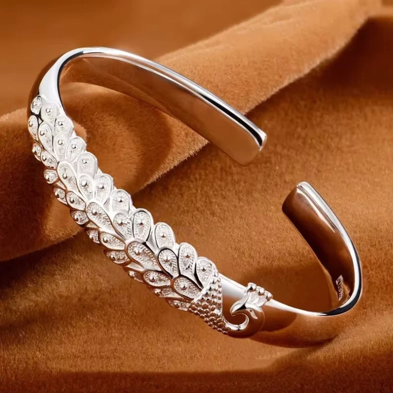 Luxury 925 Sterling Silver Open Bracelets For Women Elegant Peacock Opening Screen Bracelets Party Wedding Fine Jewelry Gifts