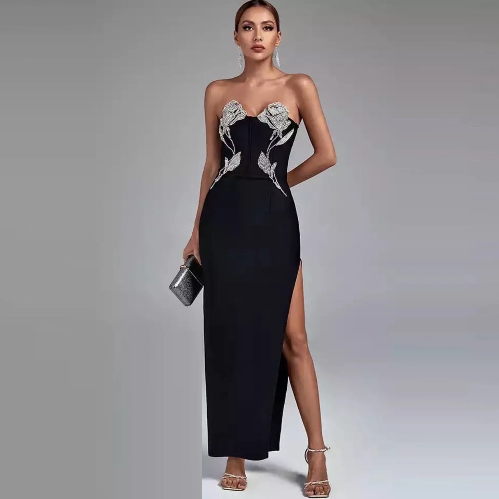 Lxuxry-vestidos de diamantes sem alças para mulheres, vestidos de bandagem sexy, festa de noite de celebridade, vestidos bodycon com fenda nas costas, 2024