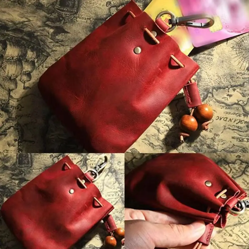 Retro Genuine Leather Storage Bag Solid Color with Metal Hook Coin Purse Small Card Key Holder