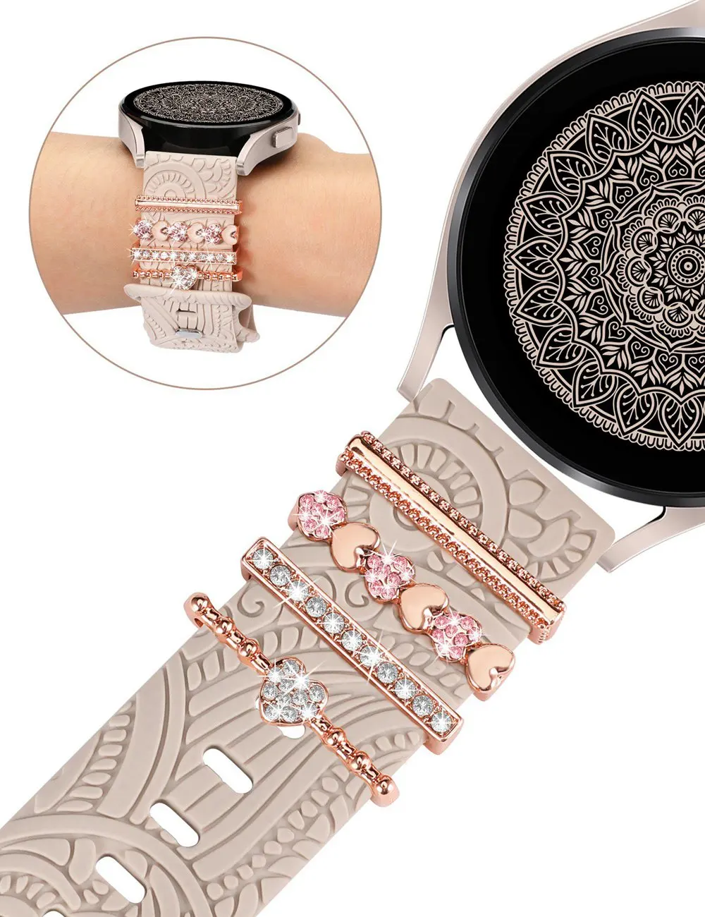 Wearlizer Floral Engraved Band with Decorative Charms for Samsung Galaxy Watch 7/6/5/4 40mm 44mm 20mm Silicone Band for Women