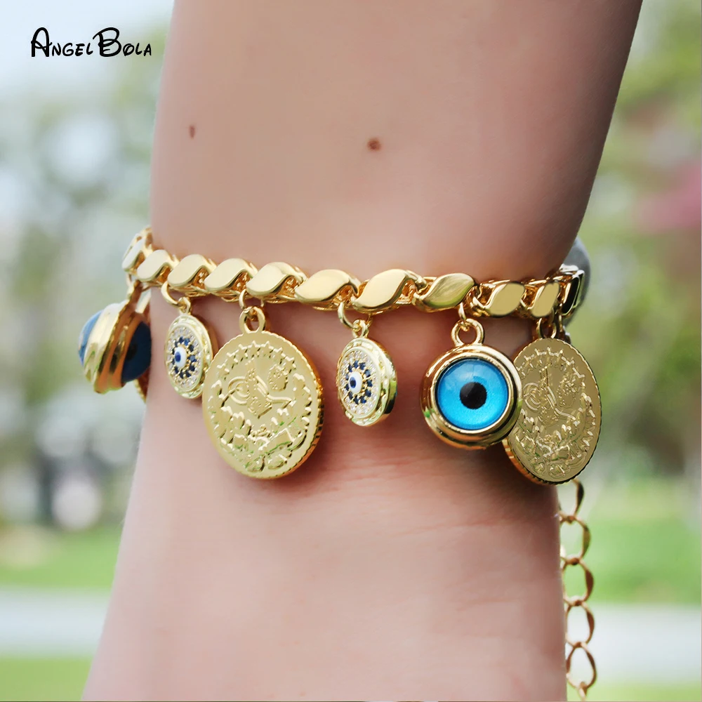 

Luxury Punk Zircon Evil Eye Bracelets for Women Men Fashion Gothic 18K Gold Coin Islam Allah Chain Bracelet Muslim Jewelry Gift