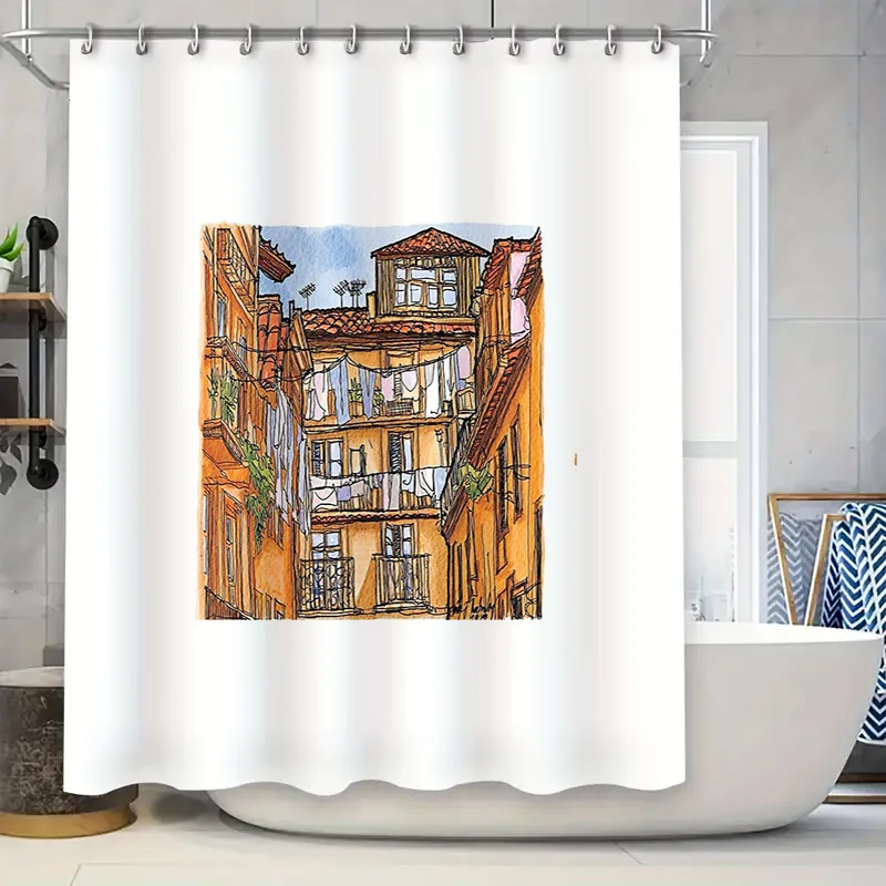 

Винтажная парижская квартира без рамы, занавеска для душа, французский городской пейзаж, декор для ванной комнаты, деревенское настенное искусство, домашний декор, средиземноморский стиль