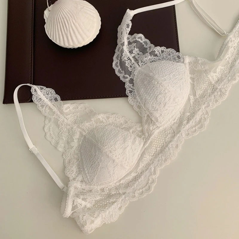 Triangle Cup Bow Lace Bra for Women Small Chest Satin Underwear Sweet Girl Breathable Comfortable Soft Bra