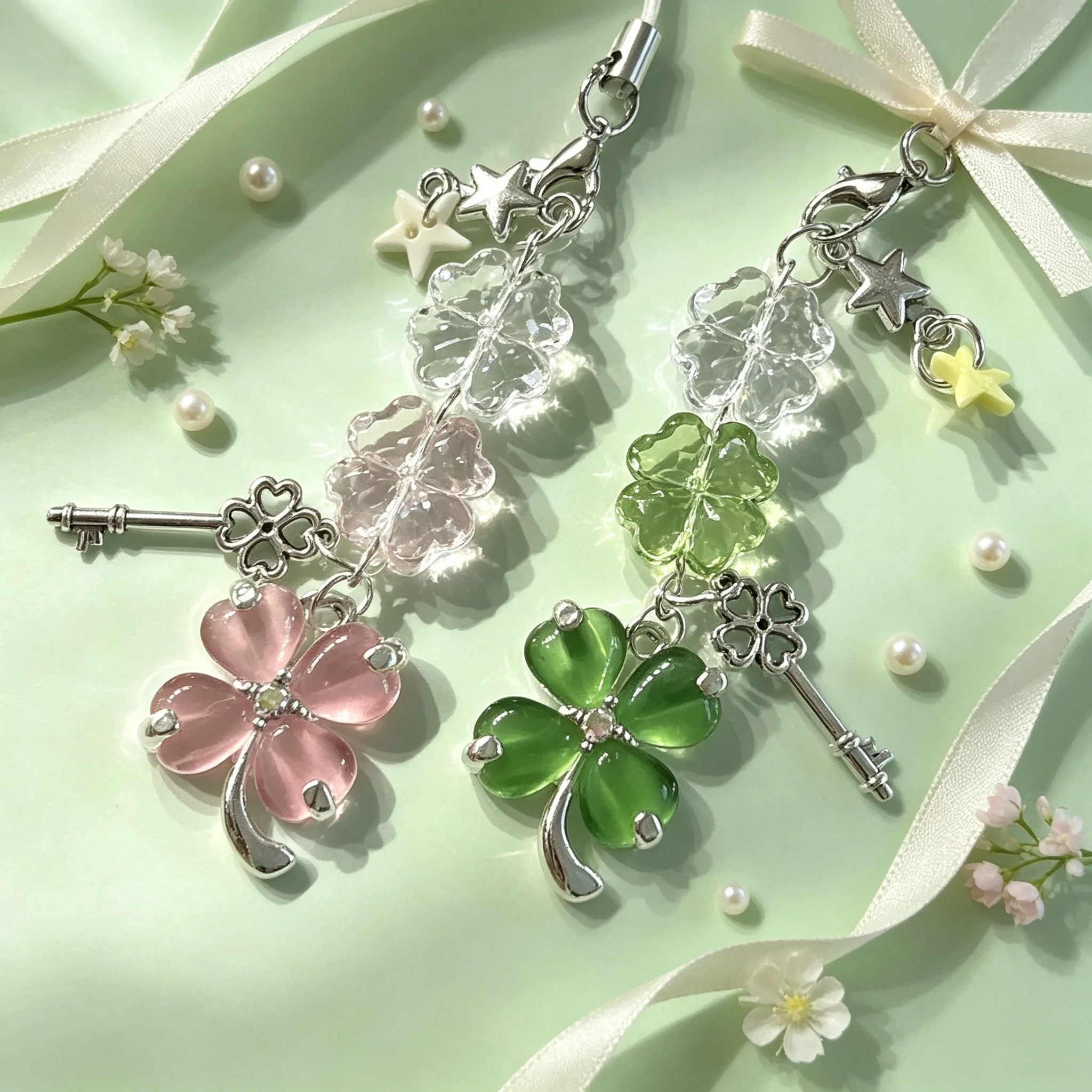 Lobster Clasp Keychain Y2k Backpack Decoration Keychain Four Leaf Clover Charm Keychain Layered For Binder Backpack Daily