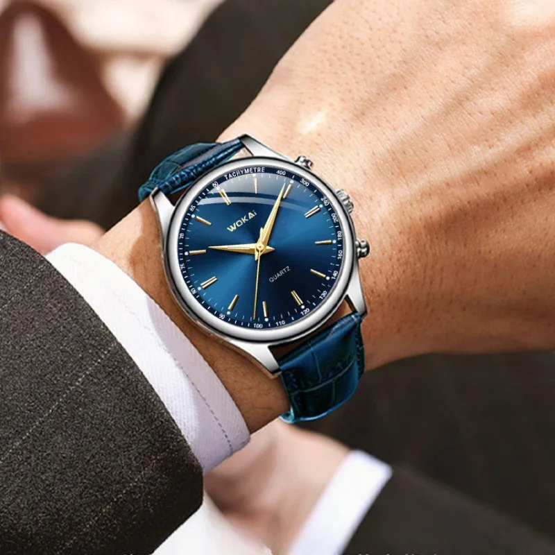 Reloj de pulsera informal para Hombre, cronógrafo elegante de cuarzo azul con correa de cuero, regalo