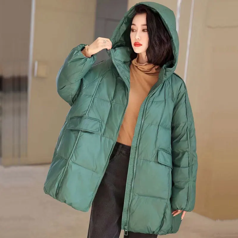 Lightweight Padded Down Jacket for Women, Loose Hood, Warm White Duck Outwear, Korean Style, 2024 Autumn and Winter