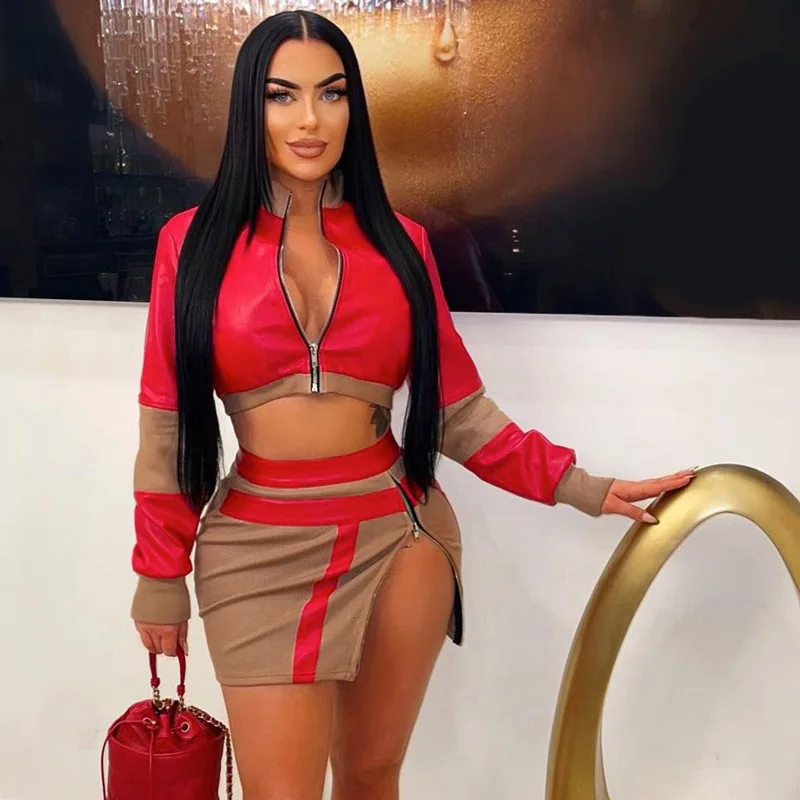 Leather Jackets 2 Piece Skirt Sets Winter Outfit Y2K Streetwear Clothes Dress Sexy Crop Tops Jacket Coats Two Piece Skirt Set