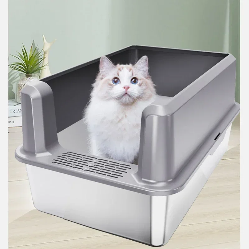 Caja de arena de acero inoxidable Premium para gatos, Extra grande con protector contra salpicaduras de olor, Arenero de valla alta, solución higiénica de inodoro felino