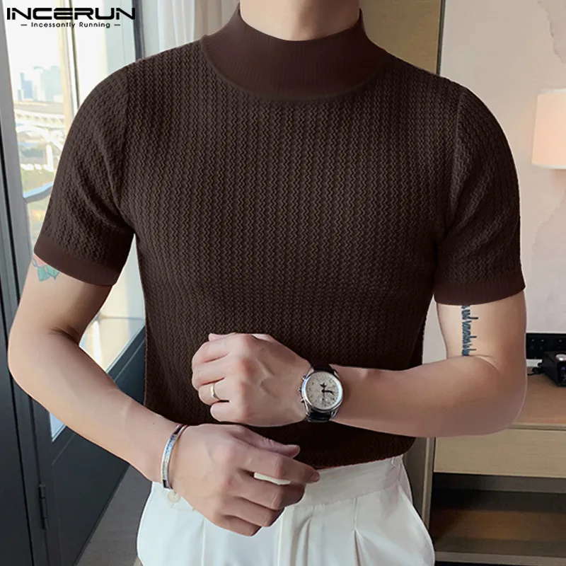 2023 Men T Shirt Solid Color Turtleneck Short Sleeve Men Clothing Fitness Streetwear Korean Style Casual Tee Tops S-5XL INCERUN