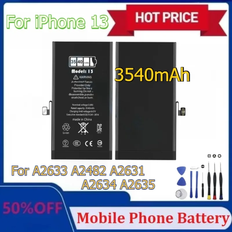 

Upgraded Battery for IPhone13 3540mAh Mobile Phone Batteries for A2633/A2482/A2631/A2634/A2635 with Tools