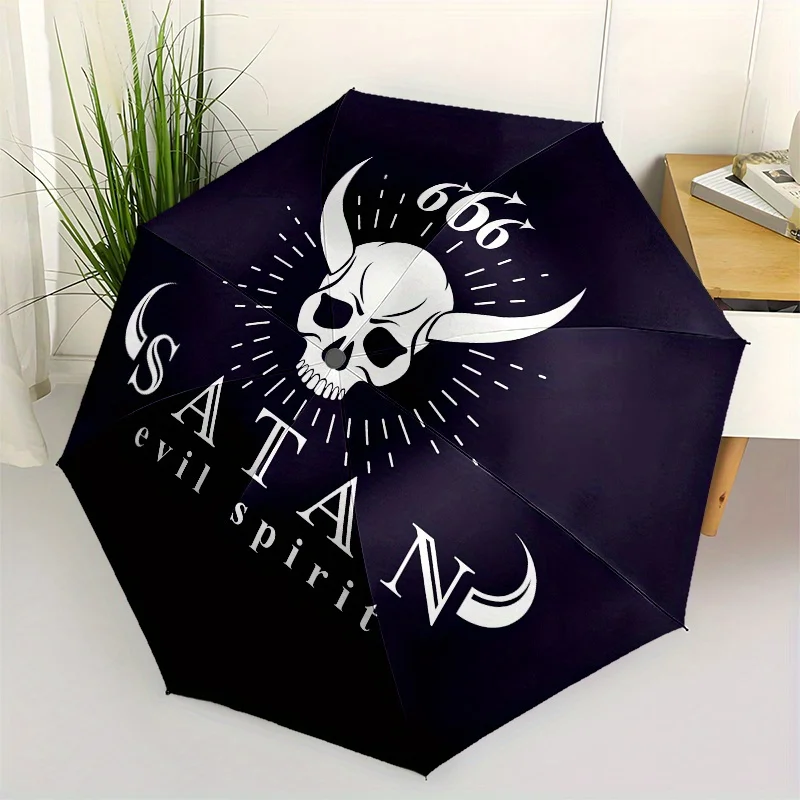 

Зонт-автомат с дизайном «Сатанинский череп с рогами и 666», 8 спиц, компактный, для мужчин и женщин, портативный, складной в 3 сложения, черный
