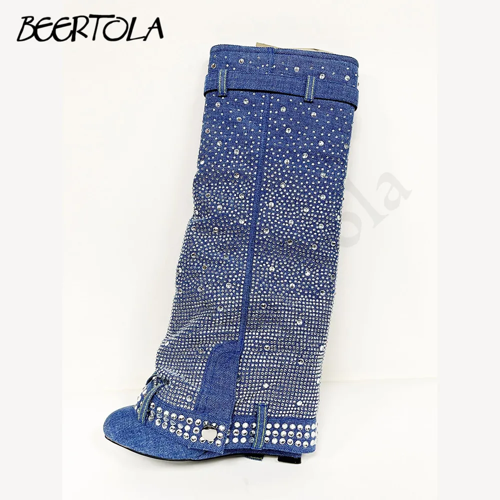 Women\'s Wedge Heel Full Diamond Cowboy Boots Rhinestone Round Toe Belt Buckle Zipper Boots Large Size Fashion Casual Boots