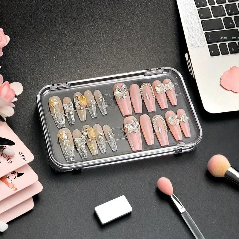 กล่องเก็บเล็บปลอมพลาสติกใสทรงสี่เหลี่ยมผืนผ้า สำหรับจัดแสดงเล็บ ป้องกันฝุ่น กล่องใส่เครื่องประดับ กล่องจัดระเบียบพัฟแต่งหน้า