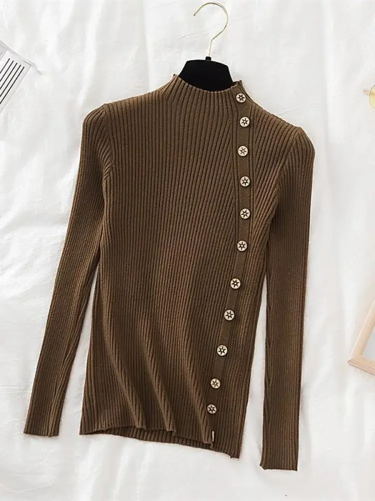 2024 Women Sweater Pullovers Khaki Casual Autumn Winter Button Turtlneck Chic Sweater Female Slim Knit Top Soft Jumper Tops