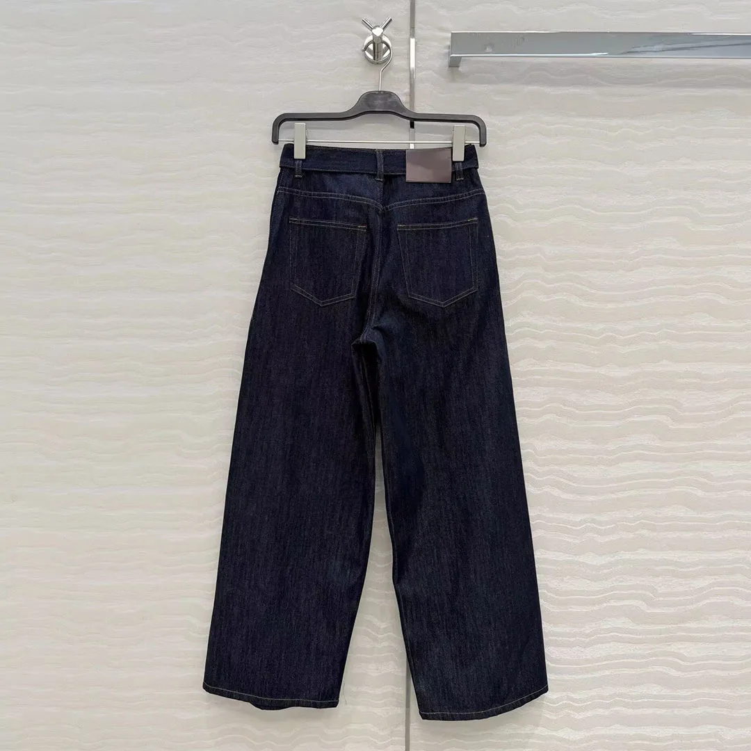 New Fashion Streetwear Blue Wide Leg Jeans Women High Waist Belt Flods Vintage Casual Loose Chic Denim Pants